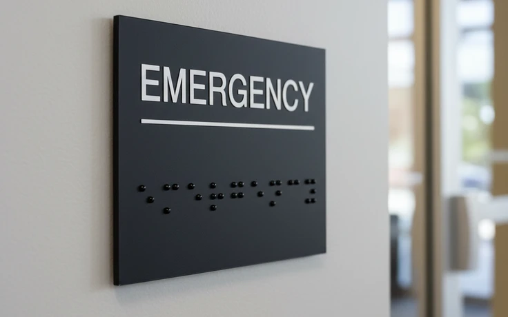 Retrofitted braille compliance sign mounted over existing wayfinding