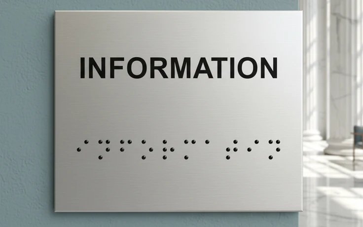 Braille wayfinding sign installed in a public building corridor