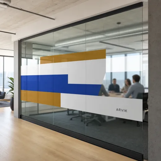 Architectural glass printing application image showing dekorácia nad rámec plochých značení.