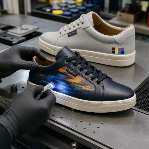 Direct-to-object shoe printing application image showing opakovateľnosť riadená prípravkami.