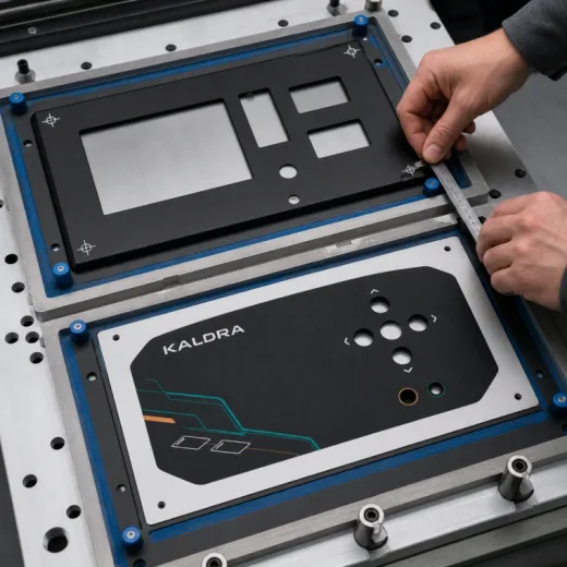 Electronic device housing panel printing application image showing dekoratívne a funkčné v jednom prechode.