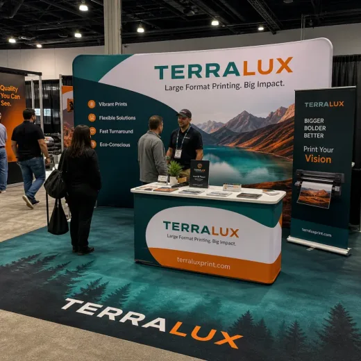 Wide-format exhibition backdrop and event banner with branded graphics