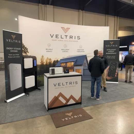 Wide-format exhibition backdrop and event banner with branded graphics