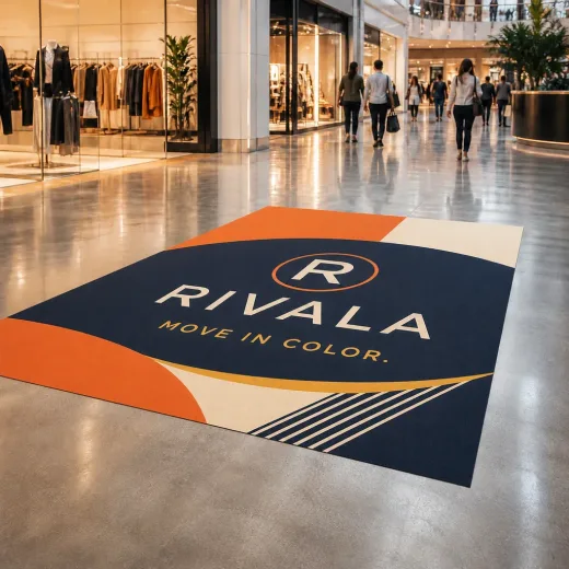 Installed retail floor graphic with branded UV-printed wayfinding and promotion