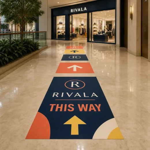 Installed retail floor graphic with branded UV-printed wayfinding and promotion