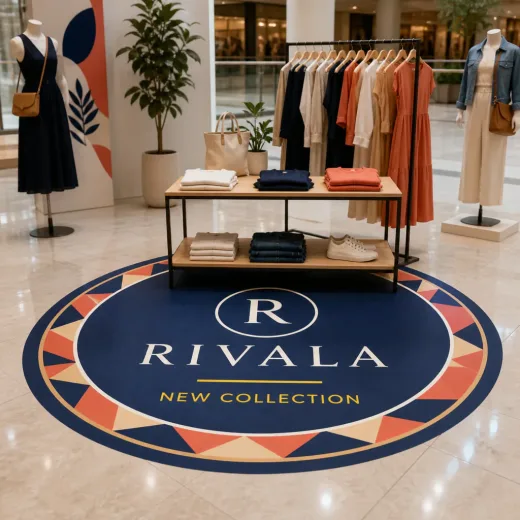 Installed retail floor graphic with branded UV-printed wayfinding and promotion