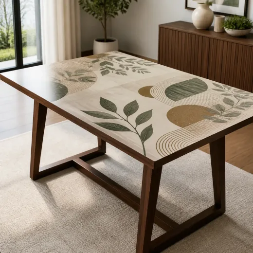 UV-printed furniture and interior panels for tables, cabinetry, and kitchens