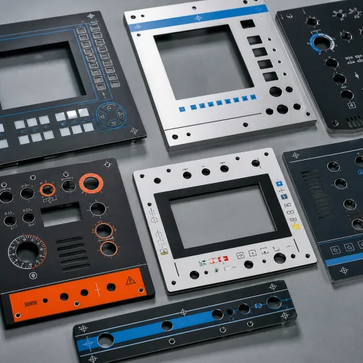 Industrial control panel and component marked with UV-printed graphics