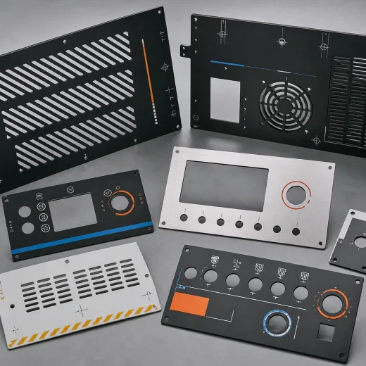 Industrial control panel and component marked with UV-printed graphics