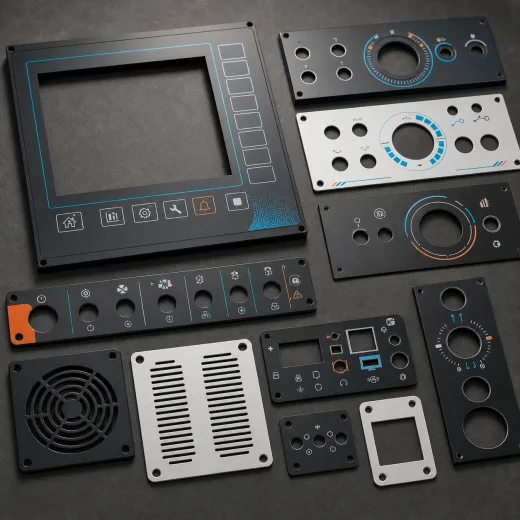 Industrial control panel and component marked with UV-printed graphics