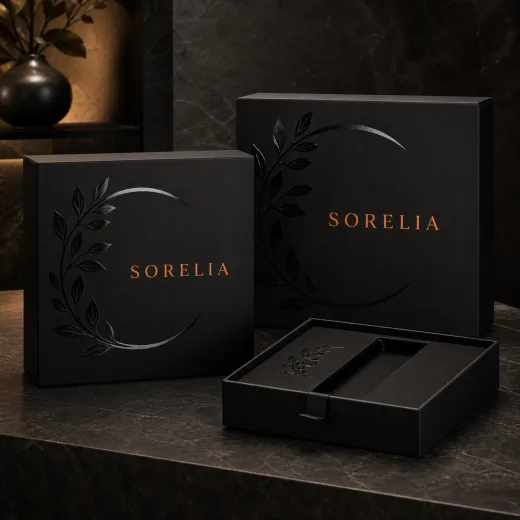Luxury packaging box with precise spot varnish and premium UV-printed branding