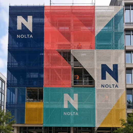 Perforated mesh banner installed as a building wrap with large-format graphics