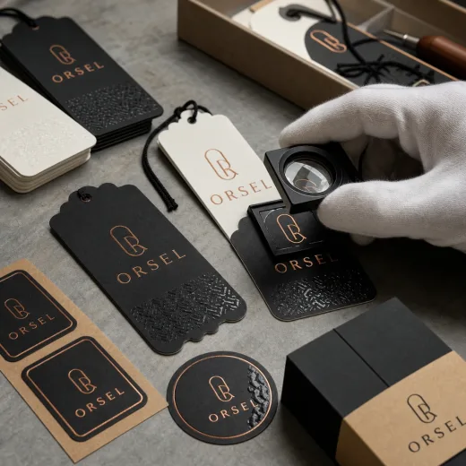 Premium labels with raised varnish text and tactile brand elements