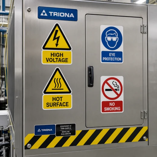 Industrial warning decals and labels printed on self-adhesive vinyl