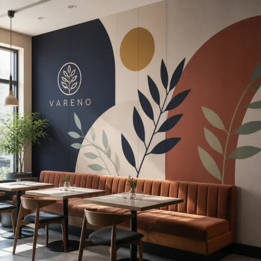Branded wall mural installed as aligned printed interior panels