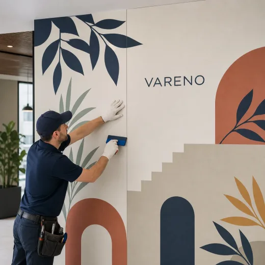 Branded wall mural installed as aligned printed interior panels