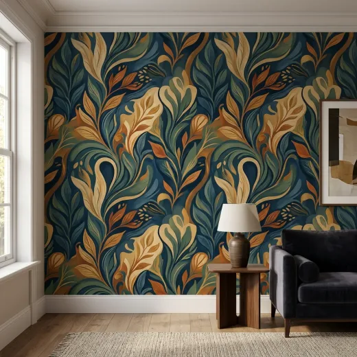 Printed wallpaper panel with a branded interior mural pattern