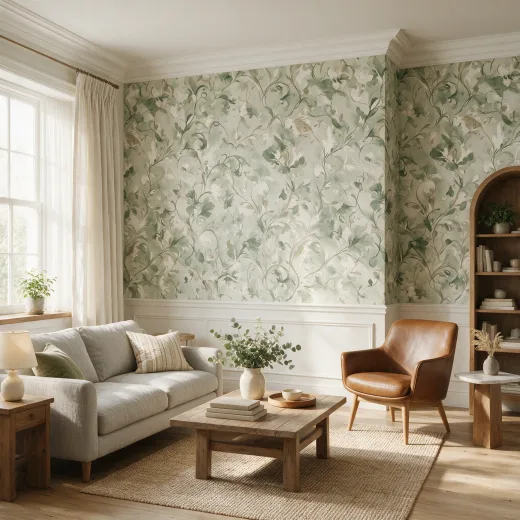 Printed wallpaper panel with a branded interior mural pattern