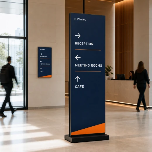 Rigid directional wayfinding sign system printed with UV graphics